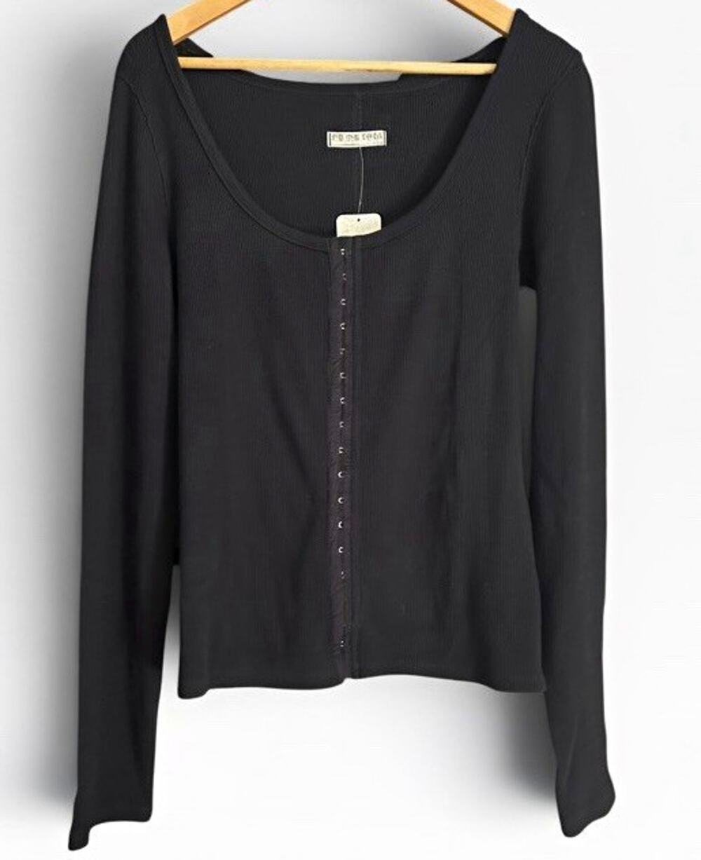 We The Free Black Whitchy Corset Style Hook & Eye Henley 90s Top Long Sleeve XL